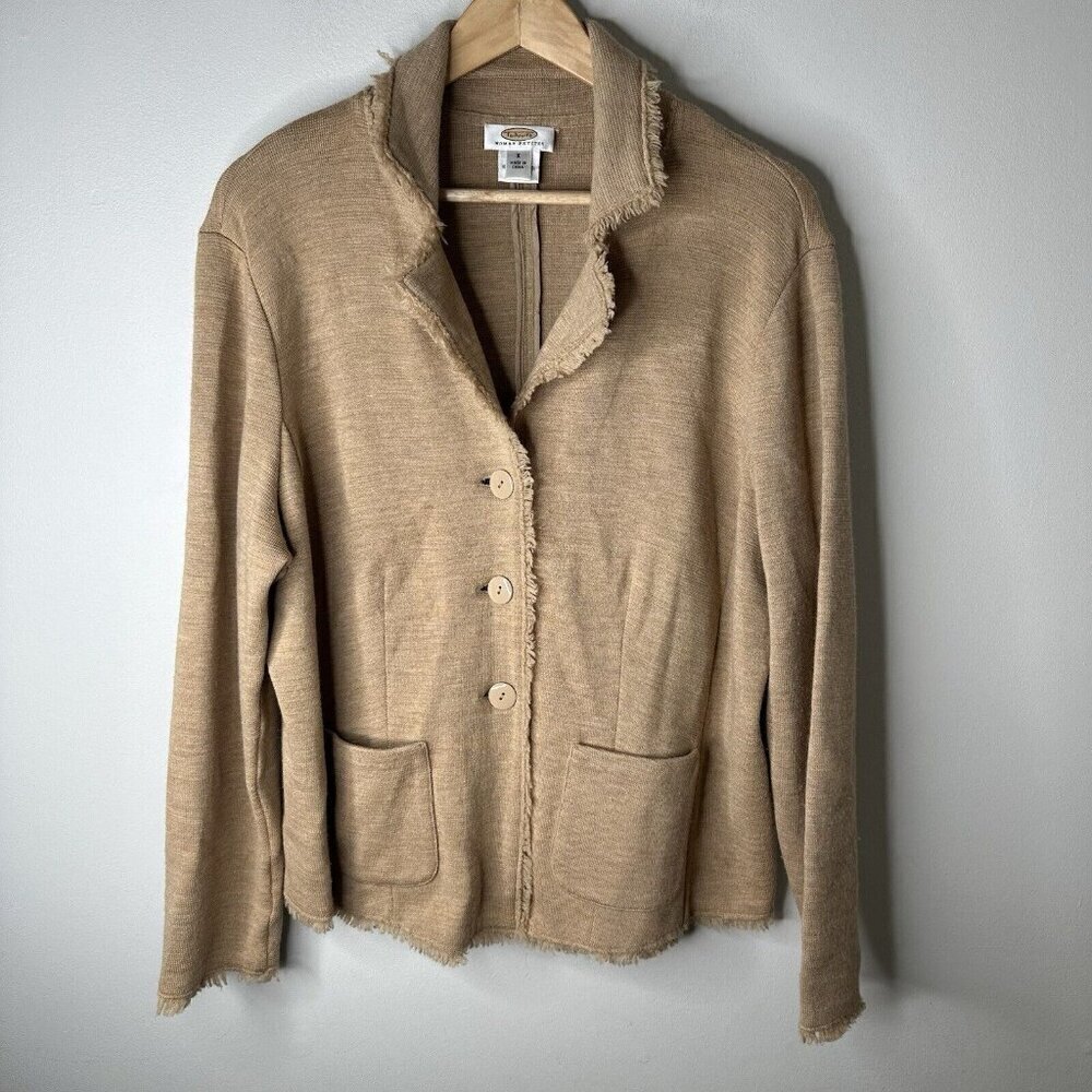 Talbots Blazer Jacket Womens 1X Petite‎ Tan Fringed Collared Merino Wool Jacket